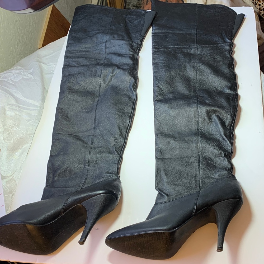 Pleaser Sleek Leather OTK High Heel Boots Black Size 10